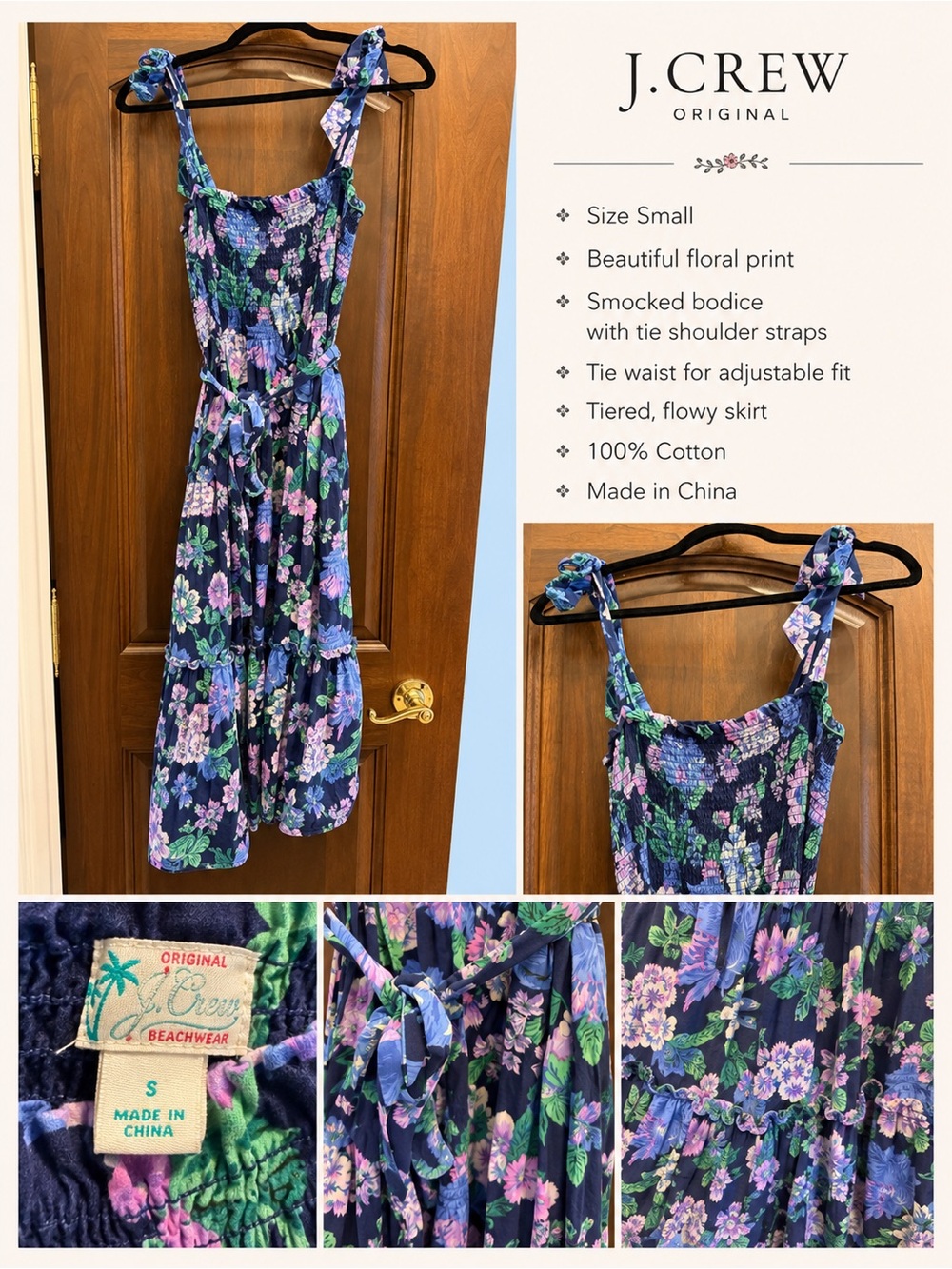 J. Crew Navy Floral Tie-Shoulder Smocked Midi Dress